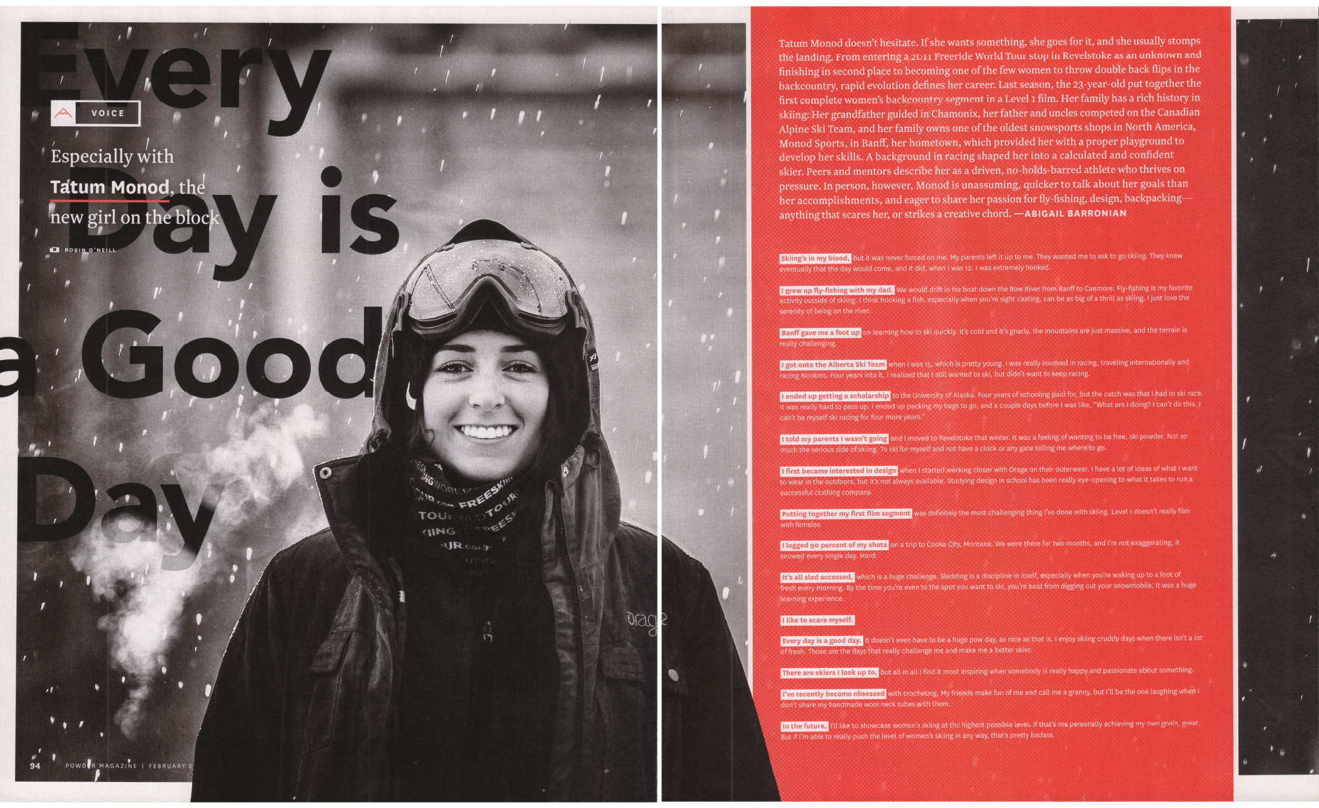 Female ski athlete Tatum Monod in Powder Magazine.
